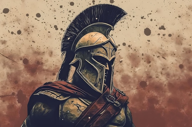 グランジ背景に槍と盾を保持している金色の鎧とヘルメットのスパルタ王半神のイラスト ヘルメットと戦場を背景にしたスパルタ兵士のイラスト