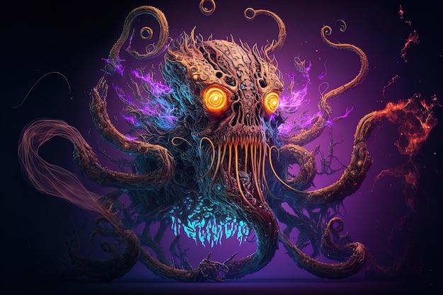 Illustration of a spooky cyborg monster with tentacles for Halloween created with AI