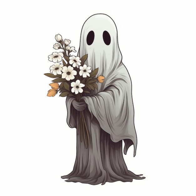 Illustration of a spooky ghost holding a bouquet of flowers