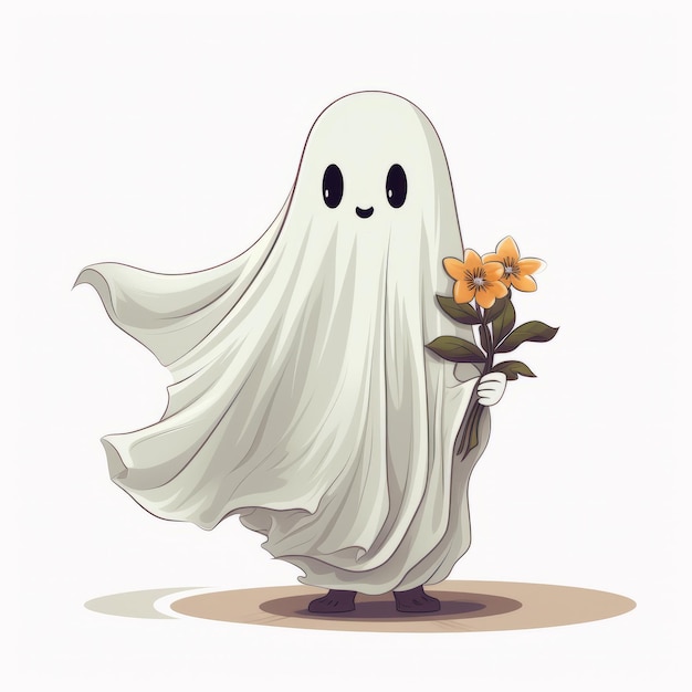Illustration of a spooky ghost holding a bouquet of flowers