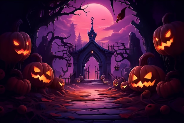 Illustration of a spooky graveyard entrance with Jack O Lantern pumpkins and tree on Halloween night