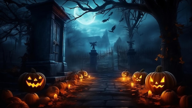 Illustration of a spooky Halloween scene with glowing jackolantern pumpkins