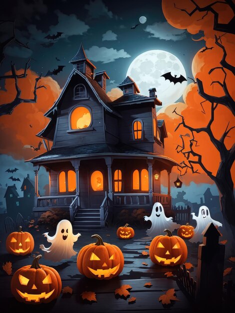 Illustration of a spooky Halloween scene with pumpkins and a ghost
