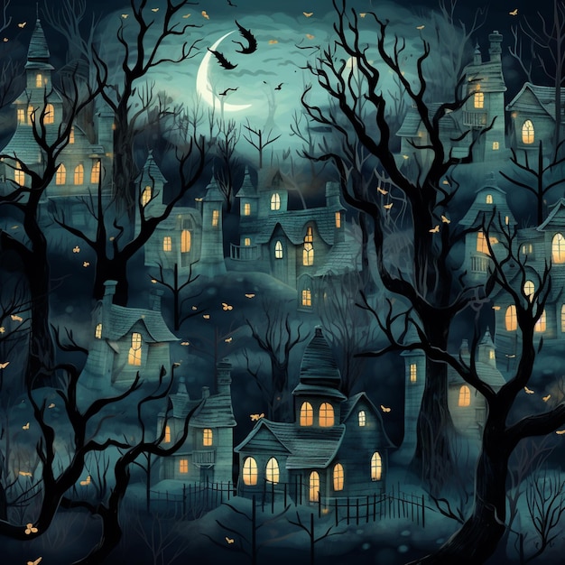 illustration of a spooky night scene with a spooky house and bats flying over the town generative ai