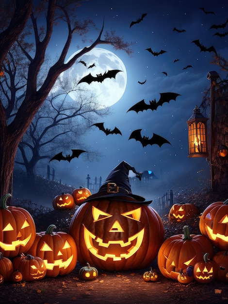 Illustration of a spooky pumpkin display under a glowing full moon