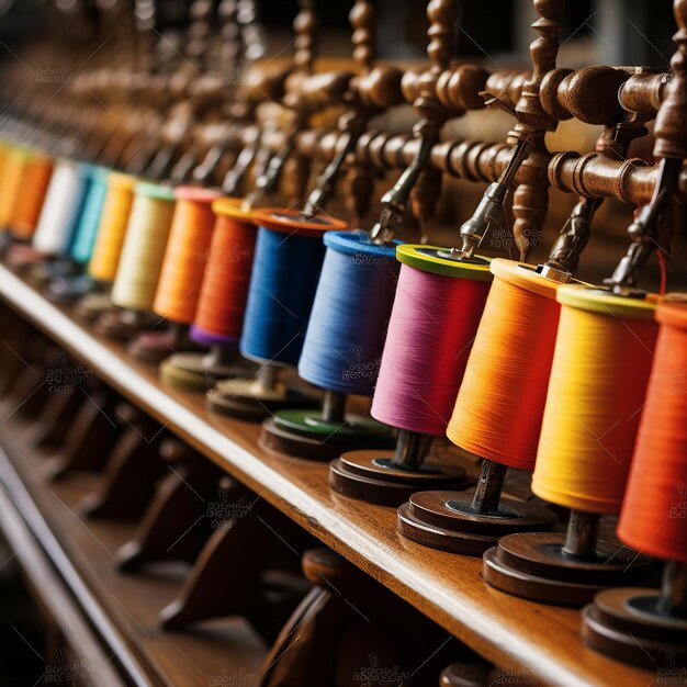 illustration of Spools of color threads closeup spinning machine