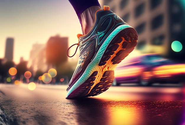 an illustration of sports shoes running through a modern street image generated by AI