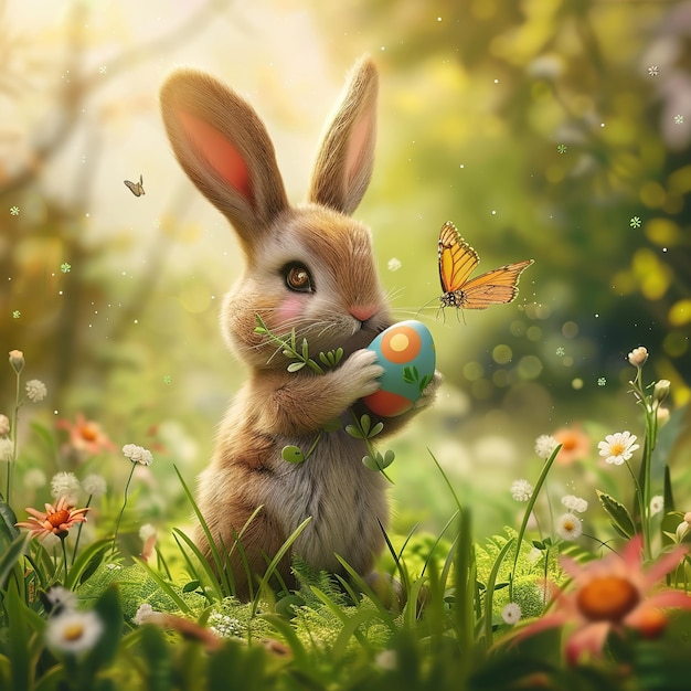 Foto illustrazione di sfondo primaverile con caricatura di coniglio carino che tiene un uovo per festeggiare l'estate