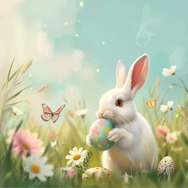 Photo illustration of spring background with cute rabbit cartoon holding egg for celebrate easte