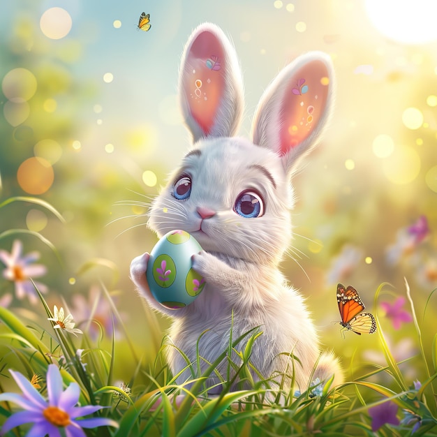 Photo illustration of spring background with cute rabbit cartoon holding egg for celebrate easte