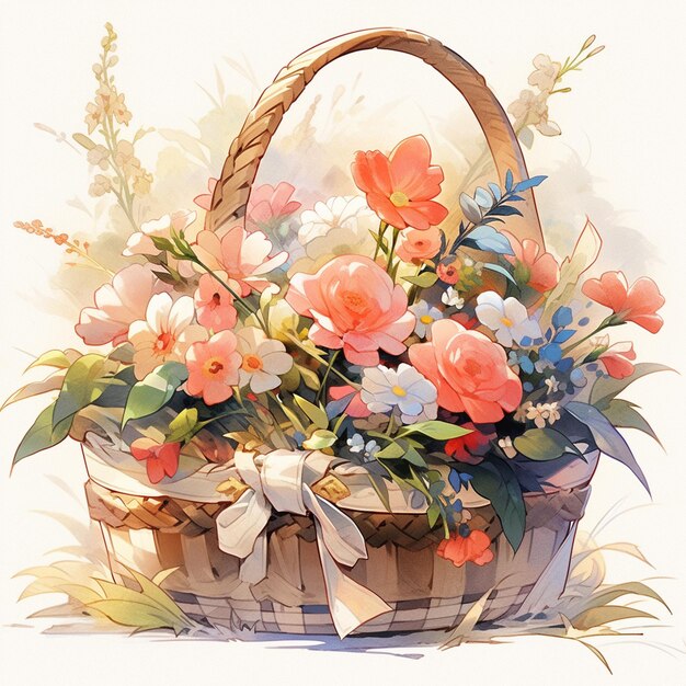 Illustration of spring basket with flowers