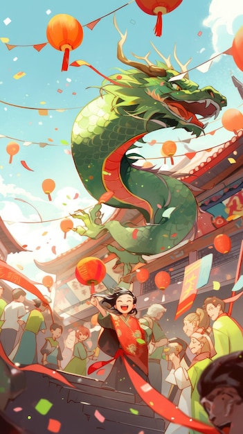 illustration Spring Festival in green