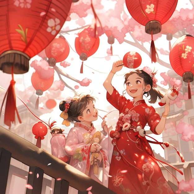 illustration Spring Festival in pink