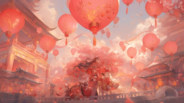 illustration Spring Festival in pink