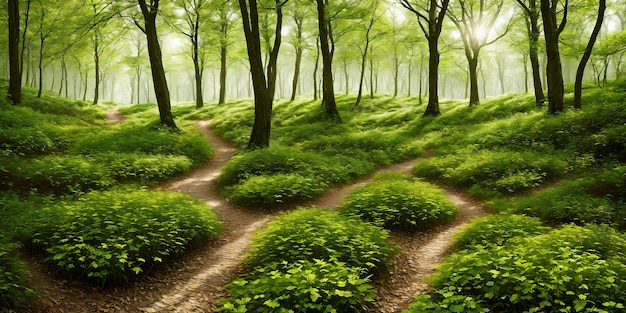 Иллюстрация весеннего леса Пейзаж с деревьями с зелеными листьями, травой, цветами, тропами, солнечными лучами, пробивающимися сквозь кроны Фон с первозданной природой Генеративный AI