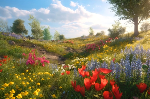 Illustration of a spring landscape full of colorful flowers and blue sky Ai generative