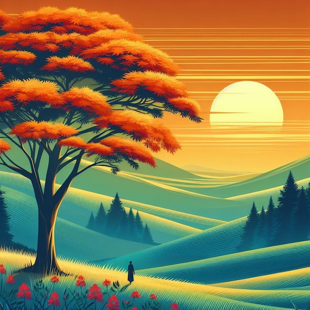 Illustration of Spring Sunset A Beautiful Nature Background