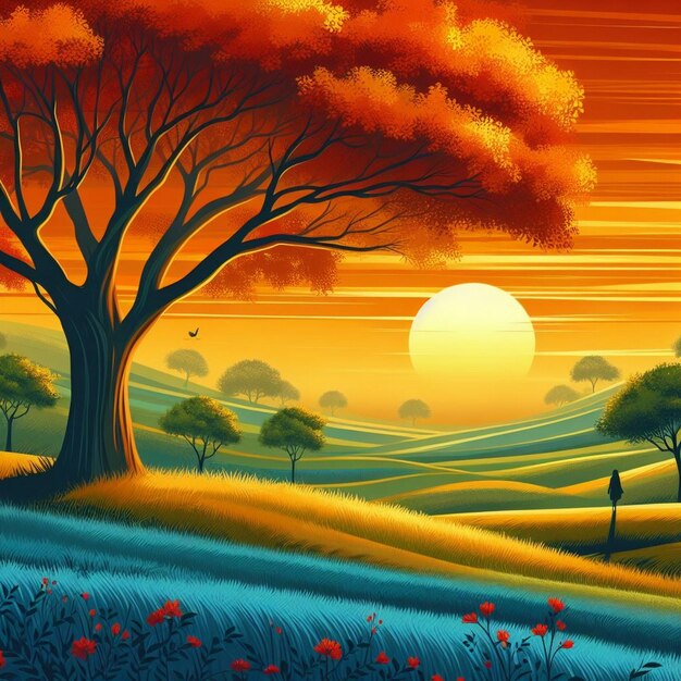 Illustration of Spring Sunset A Beautiful Nature Background