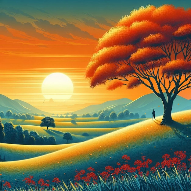 Illustration of Spring Sunset A Beautiful Nature Background