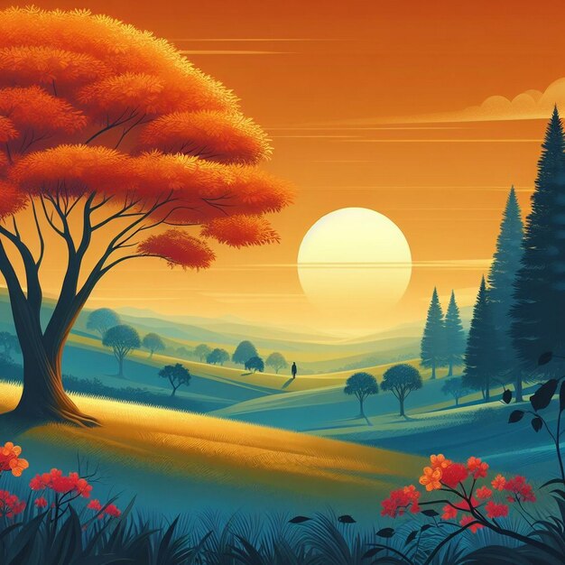 Illustration of Spring Sunset A Beautiful Nature Background