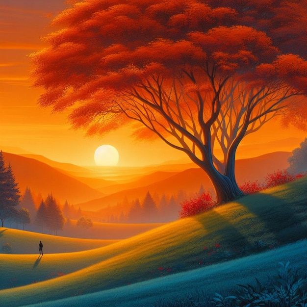 Illustration of Spring Sunset A Beautiful Nature Background