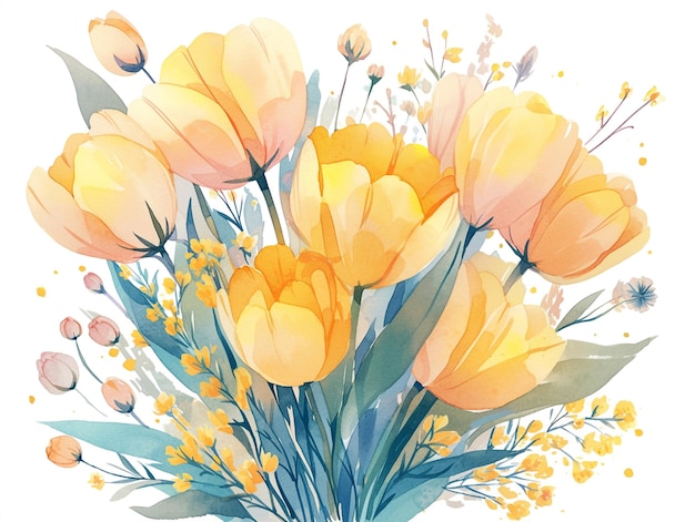 Foto illustrazione di un bouquet di tulipani primaverili in acquerello su bianco