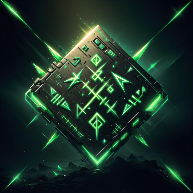 illustration of a square object with glowing green runes