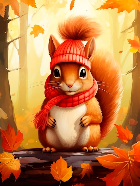 Illustration of a squirrel in a red hat and scarf in autumn forest