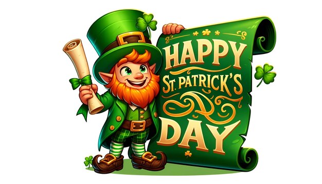 Photo illustration of st patricks day greeting card design with a cheerful cartoon leprechaun