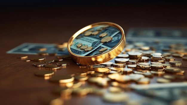 Photo illustration of a stack of cash on a wooden table with magnifying glass