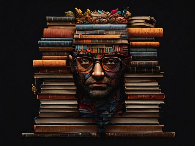 Foto illustrazione di una testa impilata con libri in cima concetto umano di libro isolato sullo sfondo nero