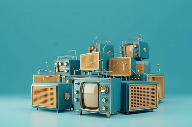 Photo illustration of stacked vintage televisions created with generative ai technology