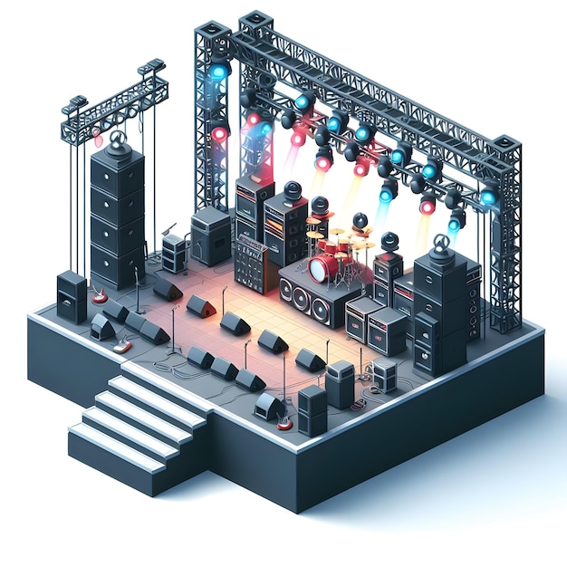 An illustration of a stage with a band performing and speakers on either side