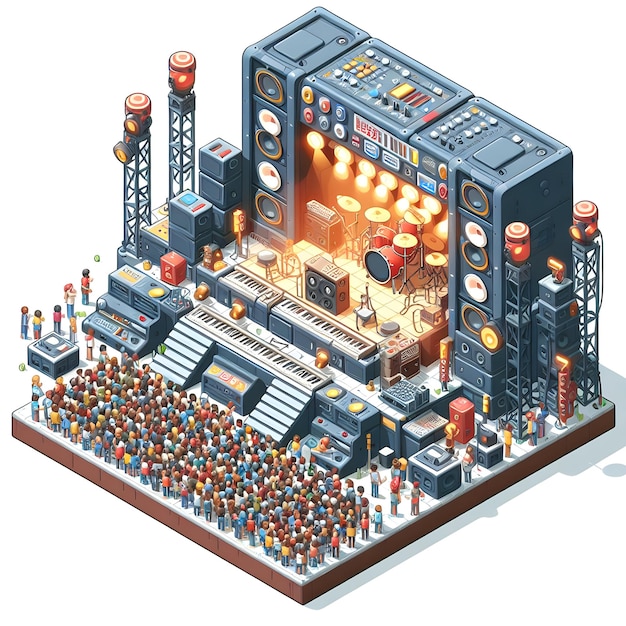 An illustration of a stage with a band performing and speakers on either side