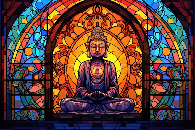 Illustration in stained glass style with buddha statue on colorful background