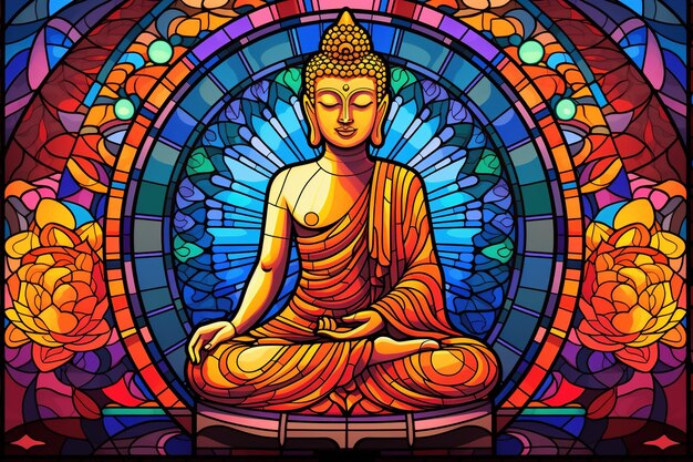 Illustration in stained glass style with buddha statue on colorful background