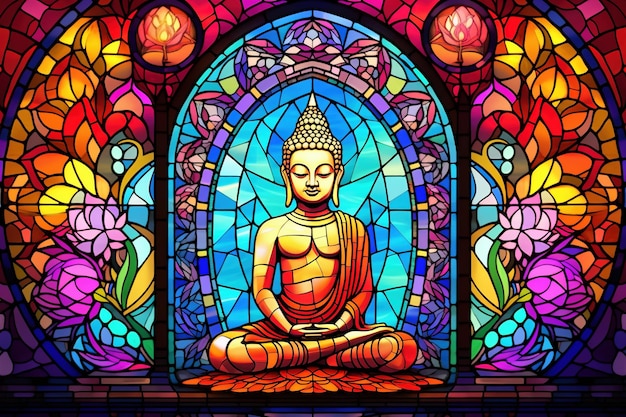 Illustration in stained glass style with buddha statue on colorful background