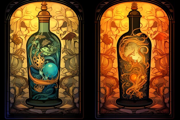 Illustration of stained glass window with a magic potion in a bottle