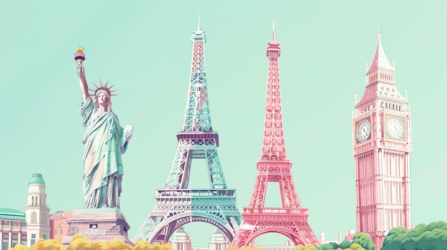 Photo an illustration of the statue of liberty the eiffel tower and big ben in pastel colors against a pale blue background