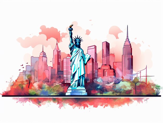 illustration of a statue of liberty in front of a city skyline generative ai