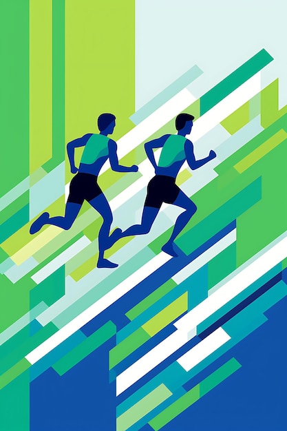 사진 일러스트레이션 steeplechase relay 팀워크 및 민함 쿨 블루 앤 그린 플래트 2d 스포츠 아트 포스터