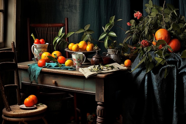 Illustration still life with fruit on wooden table rustic kitchen in dramatic tones AI generator