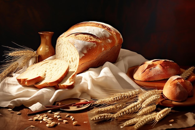 Illustration still life with various types of fresh bread and ears of wheat