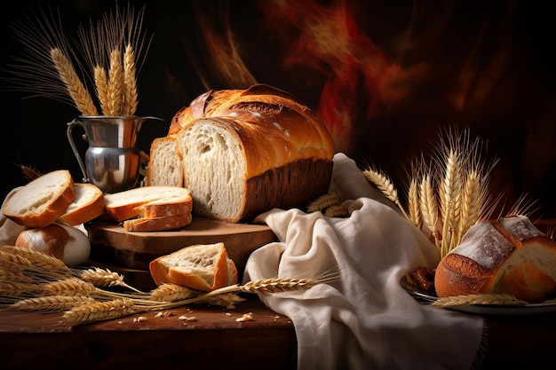 Illustration still life with various types of fresh bread and ears of wheat