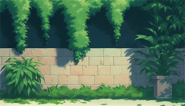 Illustration of a stone wall with green plants in the background