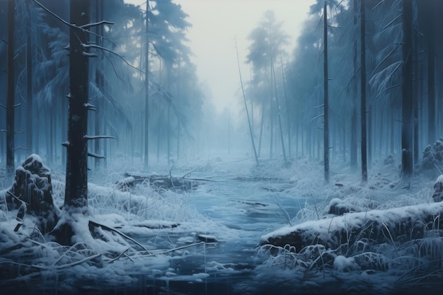 a illustration of a stream in a snowy forest