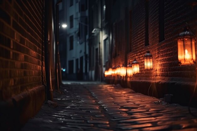 иллюстрация улица старая кирпичная стена, украшенная ночными фонарями