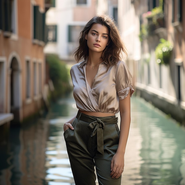 illustration of Street style photo a young brunette woman canals