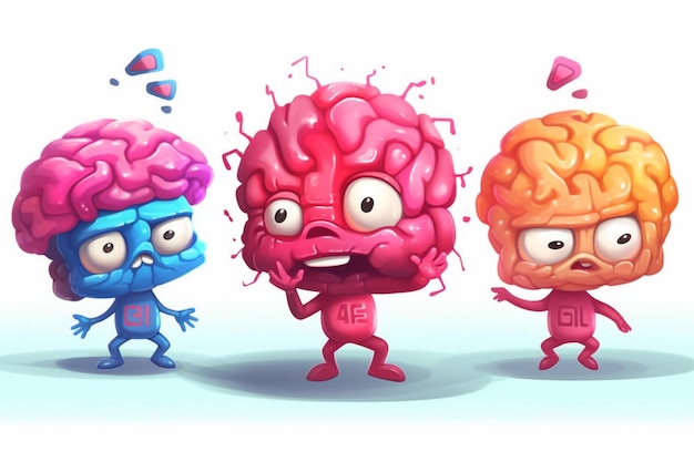 illustration of stressed brain in different situations and poses cartoon style