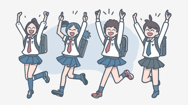 Illustration of students cheering and having fun in their uniforms English translation University entrance exam